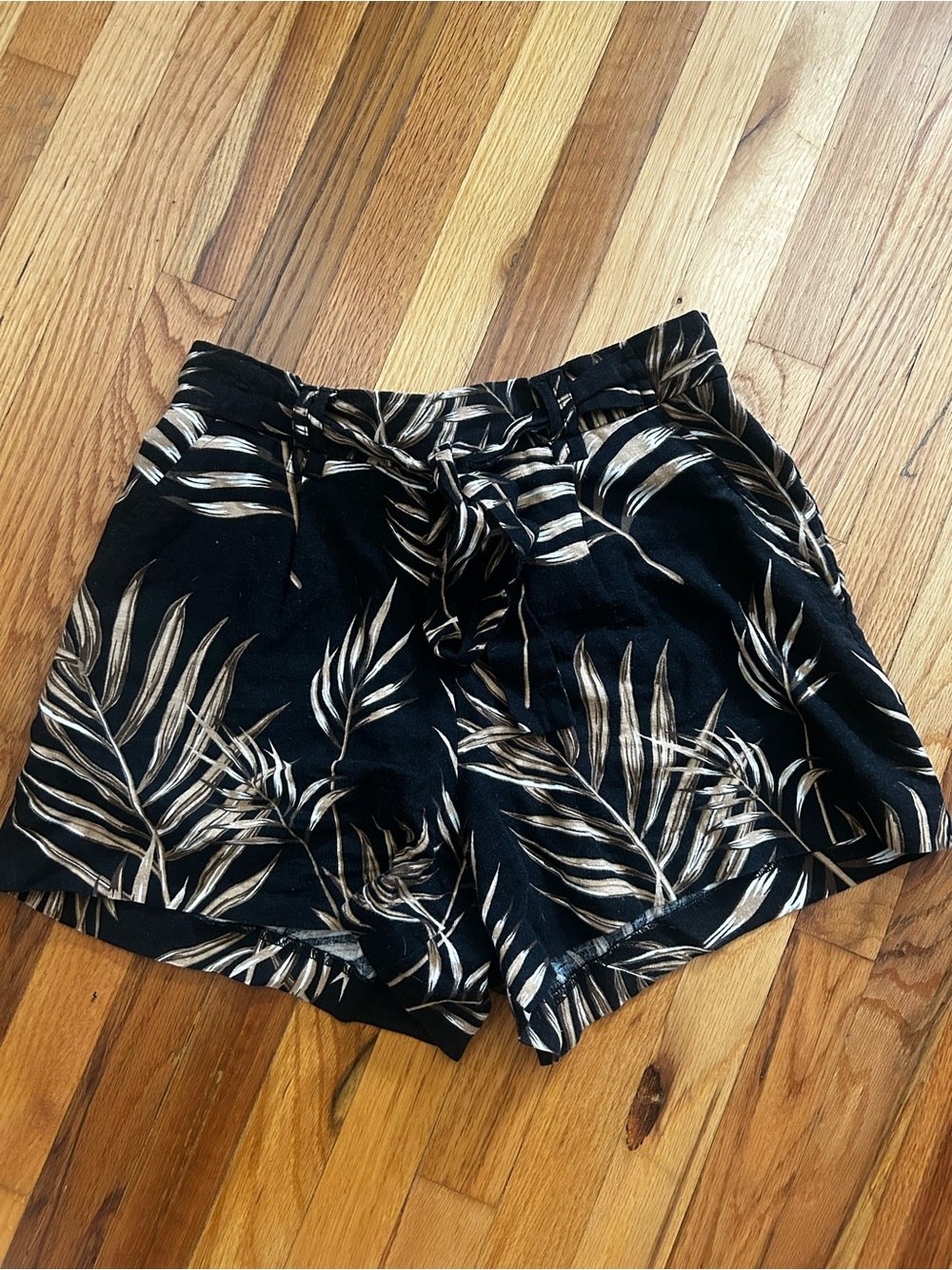 Black Palm-Print Paper Bag Shorts